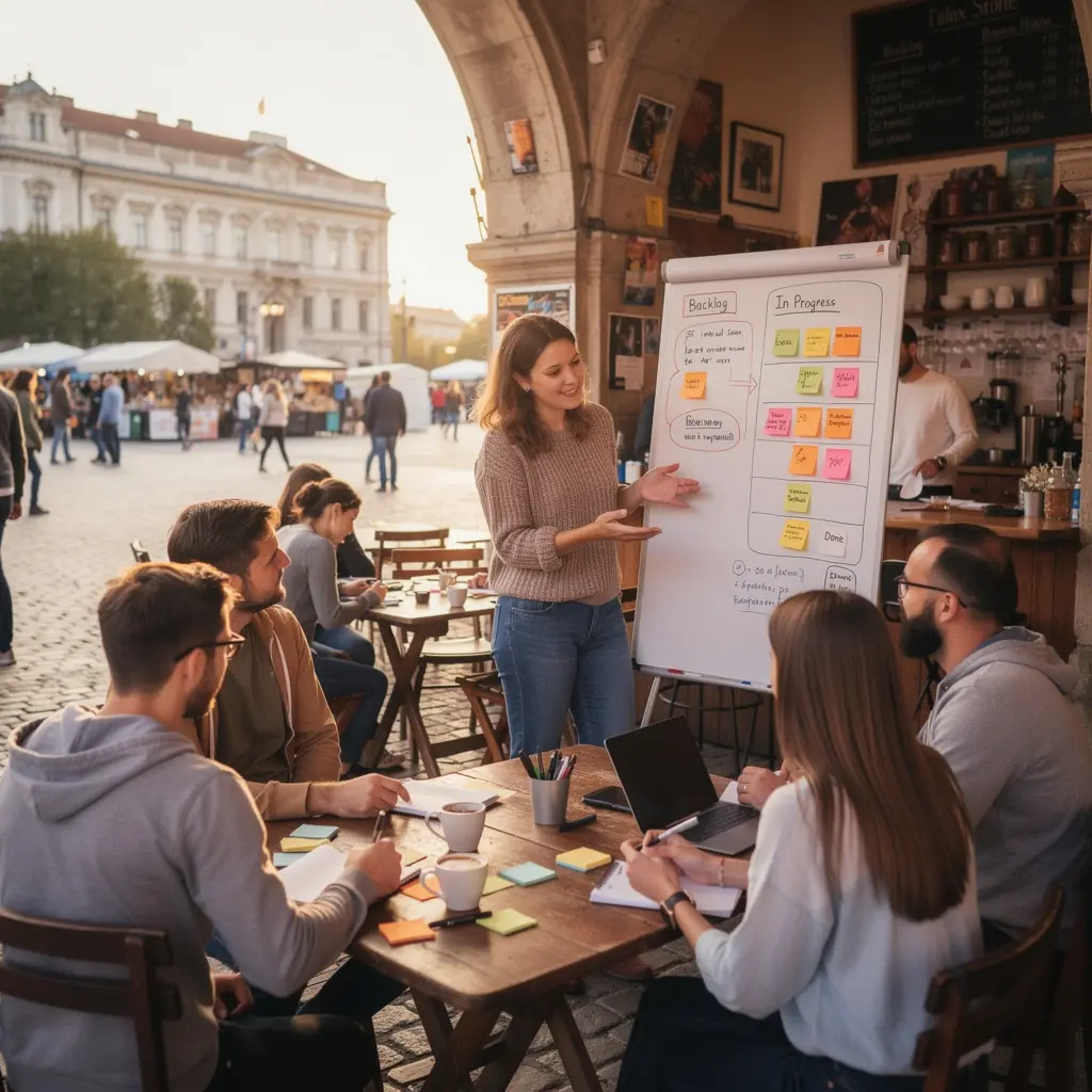 Agilis projektmenedzsment tréning, ahol a résztvevők aktívan tanulnak.