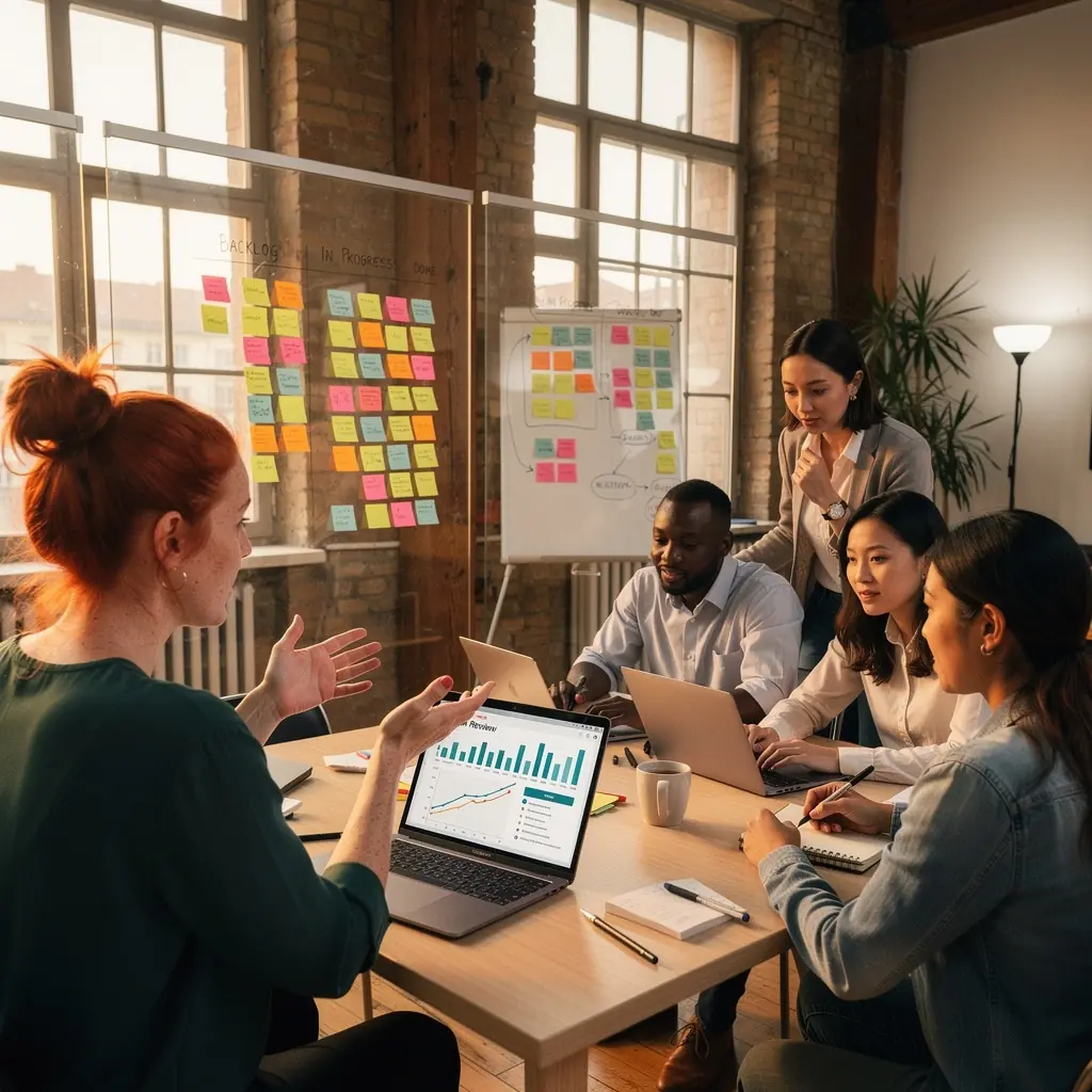 Scrum tanúsítvány átadásának pillanata, boldog résztvevőkkel.