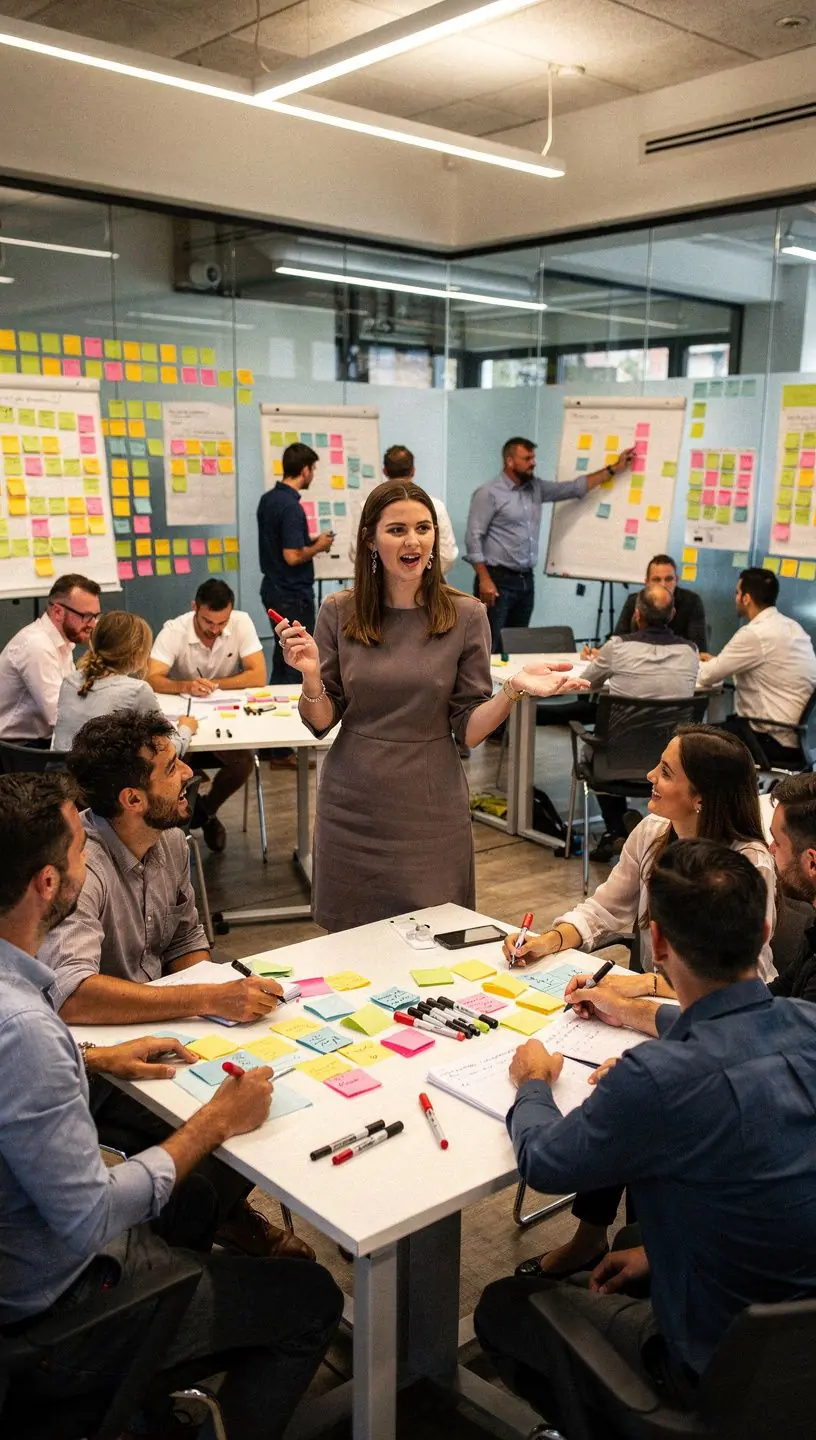 Scrum tanúsítvány megszerzésére készülő szakemberek csoportja, akik együtt dolgoznak.