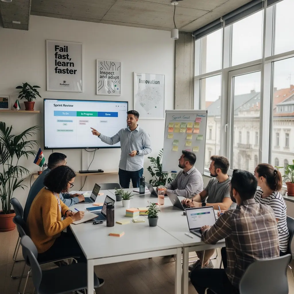 Scrum tanúsítvány megszerzésére készülő szakemberek csoportja, akik együtt dolgoznak.