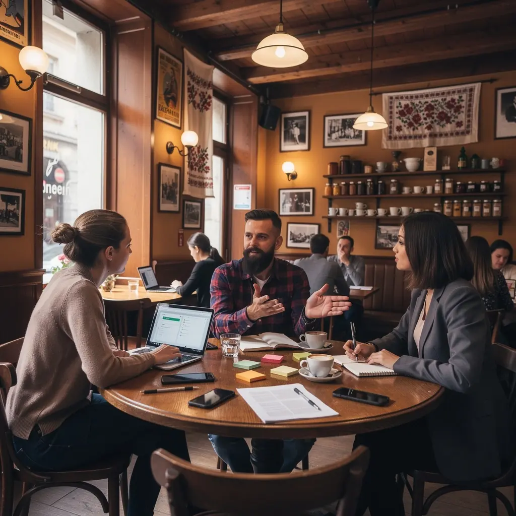 Scrum tanúsítvány megszerzésére készülő szakemberek csoportja, akik együtt dolgoznak.