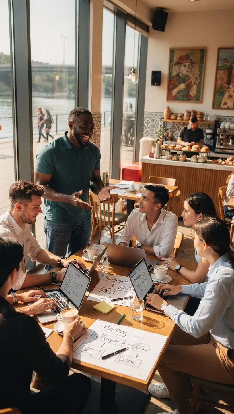 Scrum tanúsítvány megszerzésére készülő szakemberek csoportja, akik együtt dolgoznak.