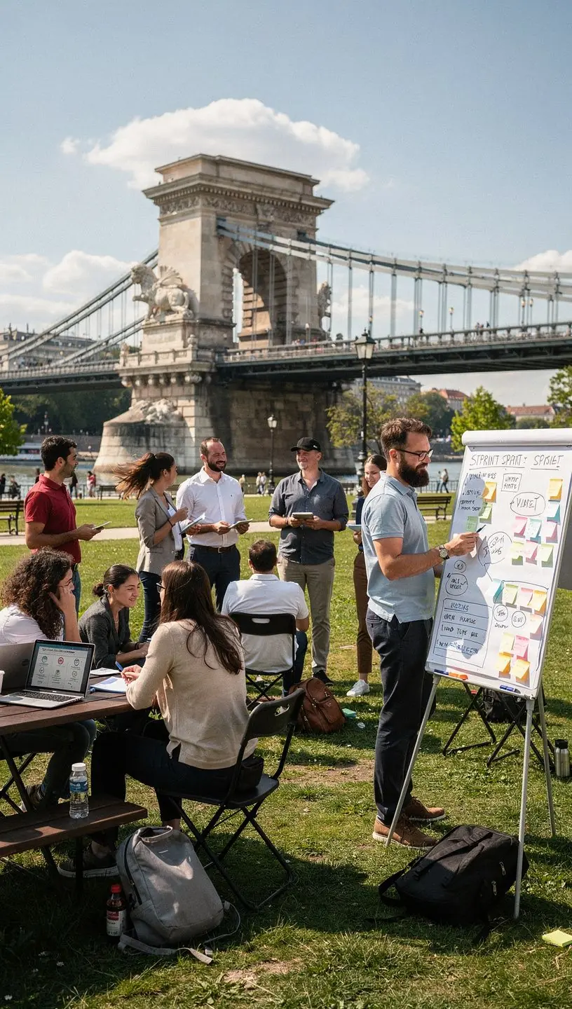 Scrum tanúsítvány megszerzésére készülő szakemberek csoportja, akik együtt dolgoznak.
