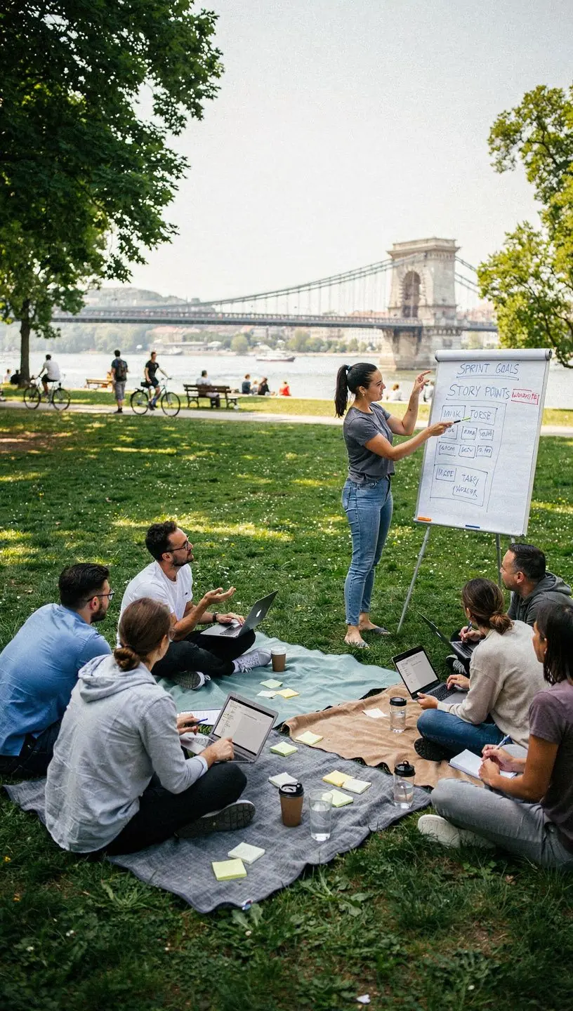Scrum tanúsítvány megszerzésére készülő szakemberek csoportja, akik együtt dolgoznak.