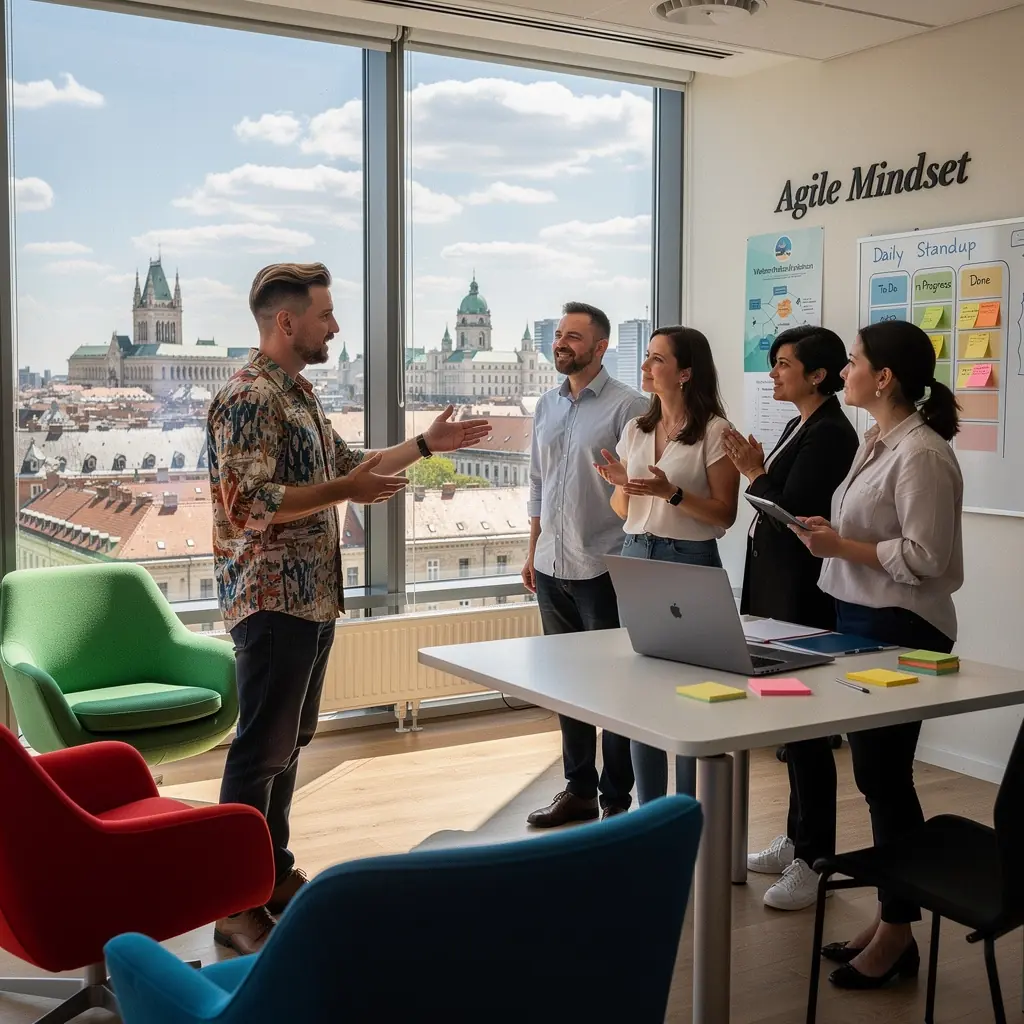 Scrum tanúsítvány megszerzésére készülő szakemberek csoportja, akik együtt dolgoznak.