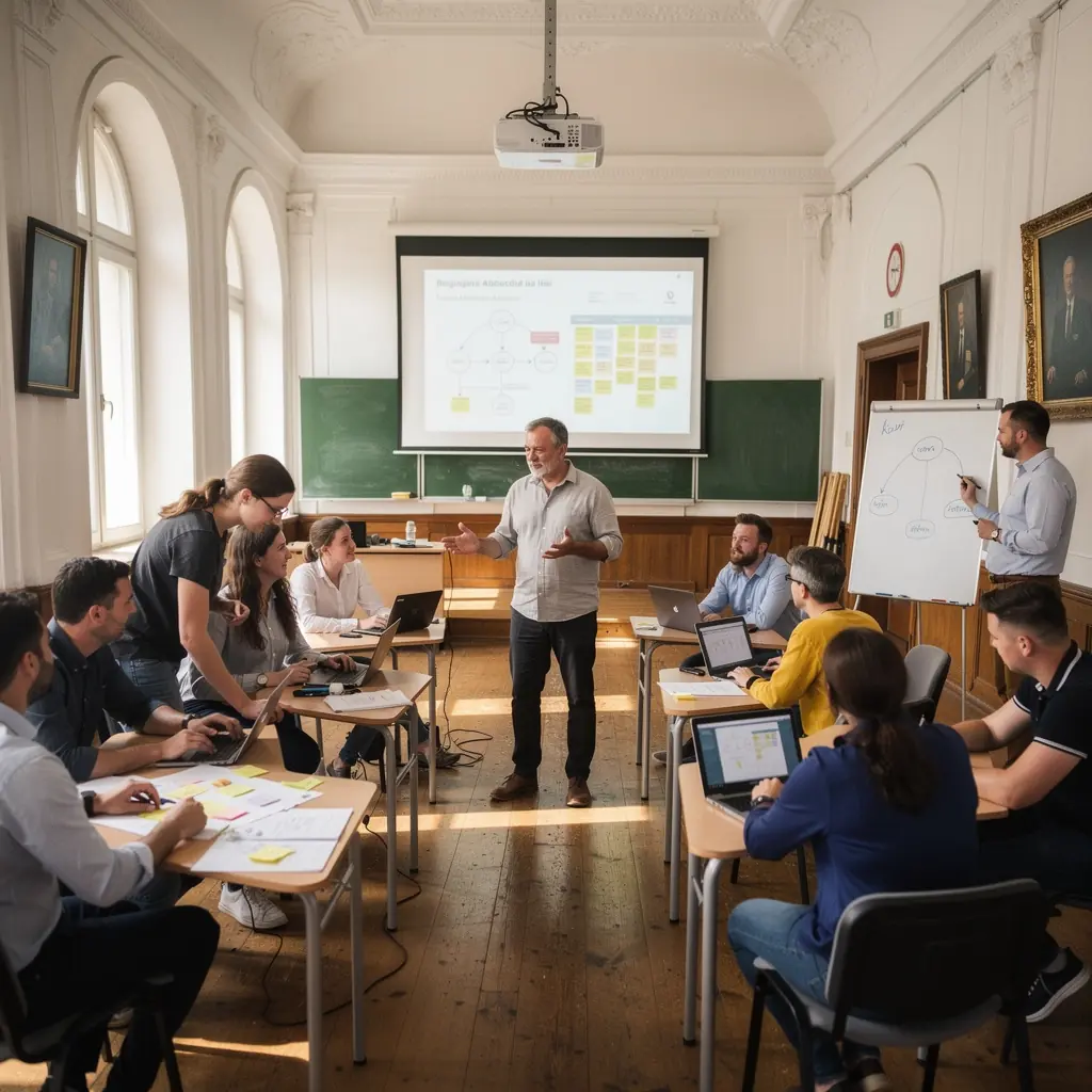 Scrum tanúsítvány megszerzésére készülő szakemberek csoportja, akik együtt dolgoznak.