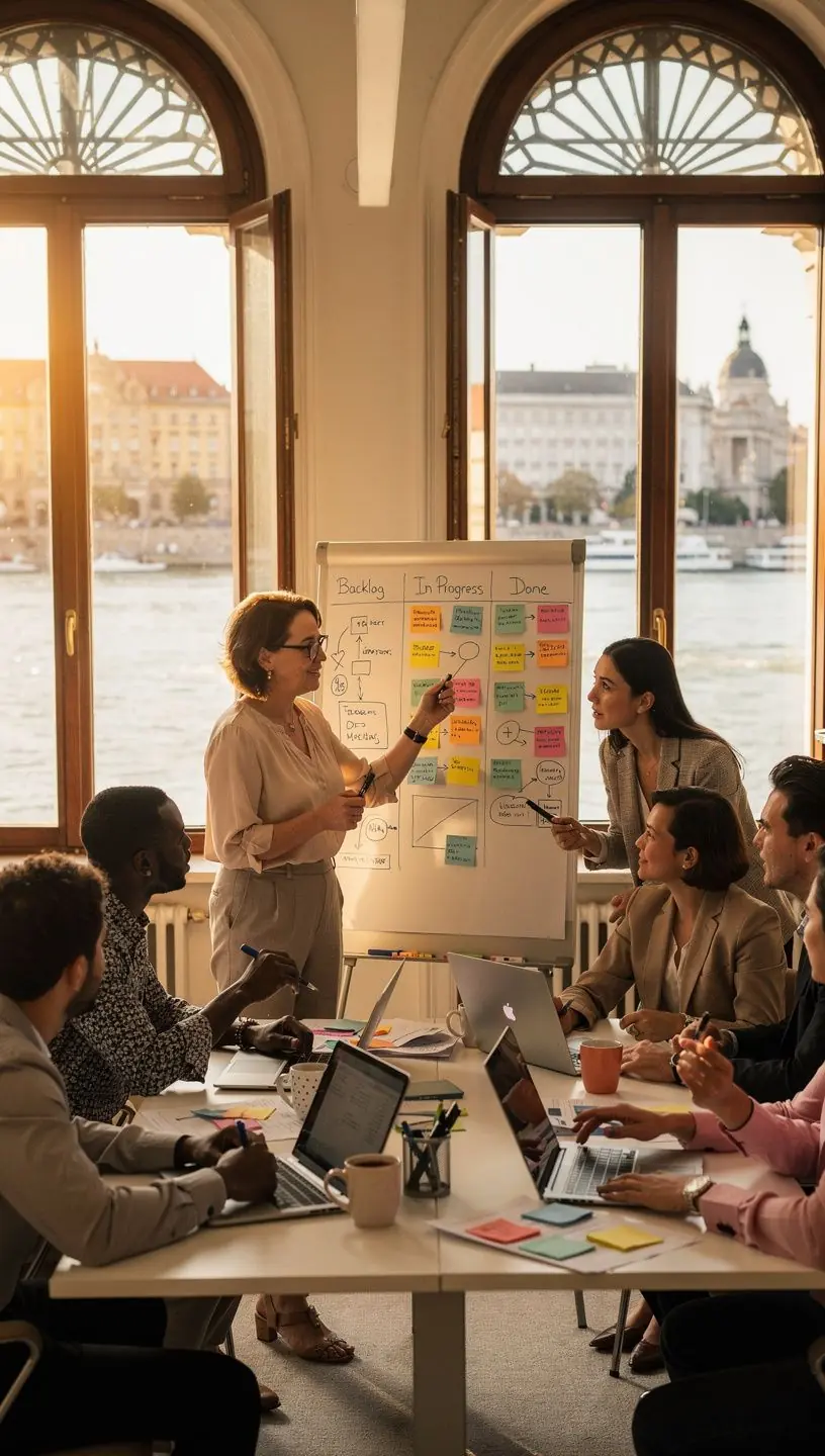 Agilis projektmenedzsment csapat megbeszélése, ahol a tagok ötleteiket osztják meg.